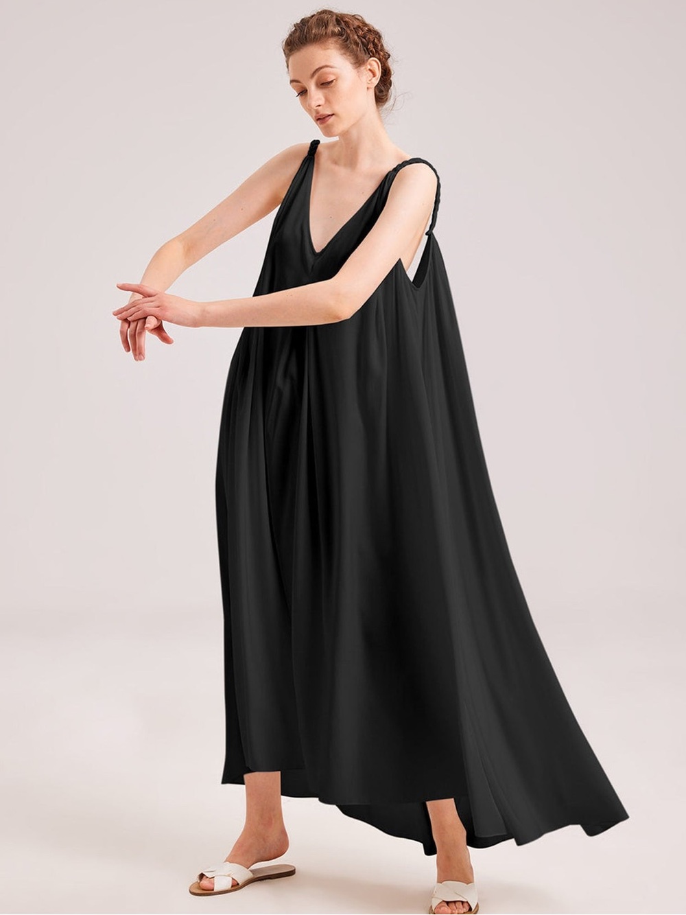 Like New NAP Loungewear Greek Open Back Black Silky Maxi Dress OS